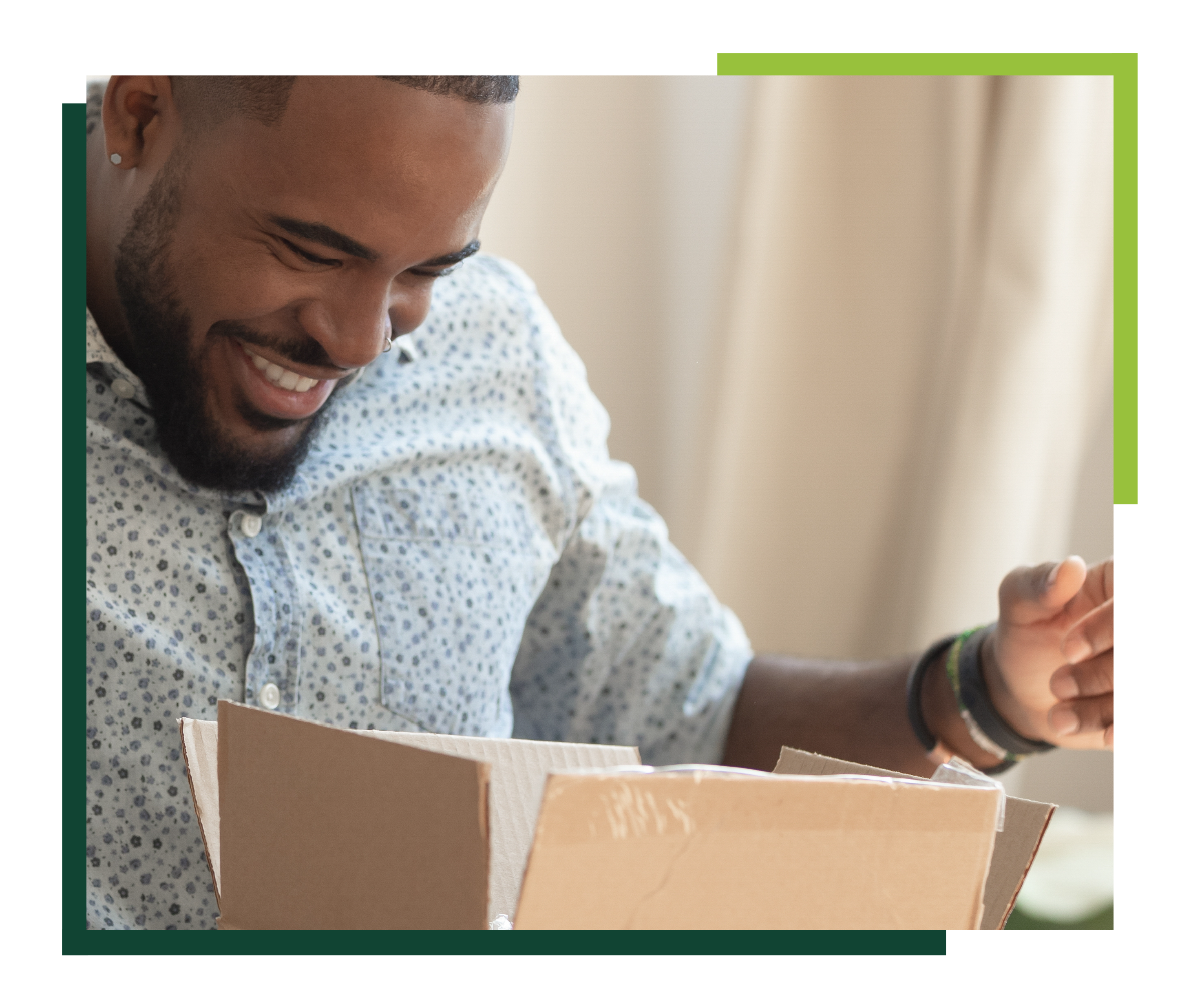 Man opening box containing shoes that were delivered through 
                    Norsk Netherlands eCommerce Packet and Parcel.